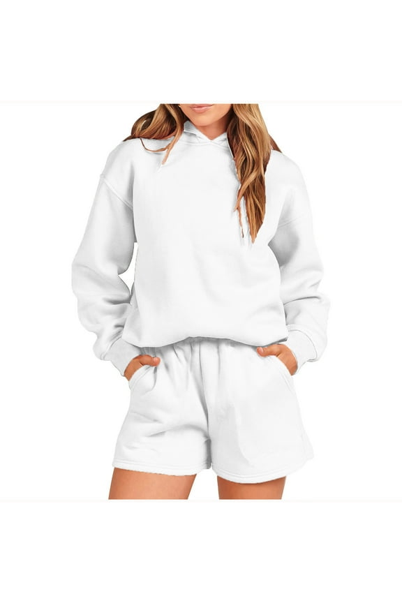 Two Piece Outfit Women Oversized Hoodie Sweatshirt Shorts Lounge Sweat Set Sweatsuit Tracksuit Trendy Casual Sportswear (XL, White)