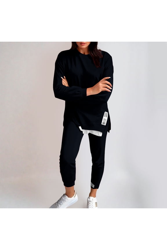 Two Piece Outfit for Women Plus Size Long Sleeve Sweatshirt Jogger Casual Lightweight Fall Sweatsuits Set New Beach Vacation Outfit Set for Women Black 5XL