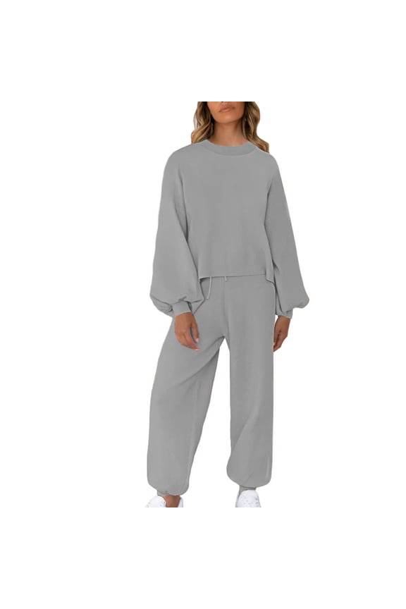 Two Piece Outfit Women Ribbed Co Ord Set Autumn Winter Long Sleeve Pullover Sweater Tops Wide Leg Trousers Lounge Wear Beach Suit Ladies Tracksuits for Going Out Holiday