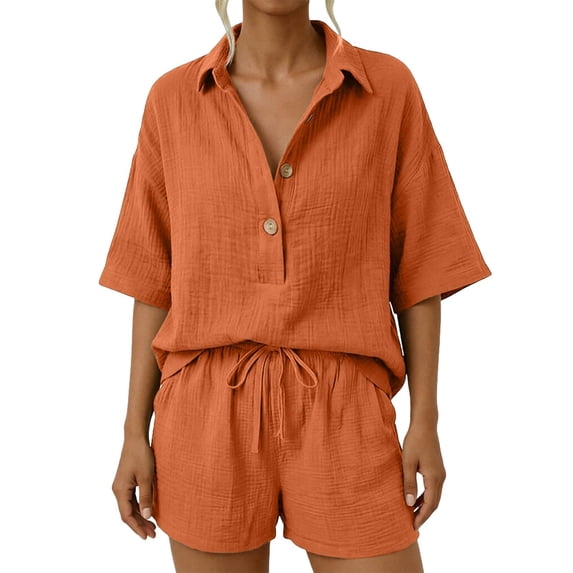 Two Piece Outfit Women's Collar Half Button Short Sleeve Shirt Drawstring Waist Pocket Shorts Solid Crinkle Fabric Matching Set for Summer Beach Daily Vacation