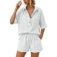 thumbnail image 1 of Two Piece Outfit Women's Collar Half Button Short Sleeve Shirt Drawstring Waist Pocket Shorts Solid Crinkle Fabric Matching Set for Summer Beach Daily Vacation, 1 of 6