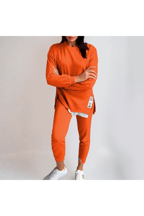 Two Piece Outfit for Women Plus Size Long Sleeve Sweatshirt Jogger Casual Lightweight Fall Sweatsuits Set New Fall Sets for Women Beach Orange 3XL