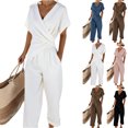 thumbnail image 1 of Two Piece Outfit for Women Wrap V Neck Short Sleeve Top and Cropped Harem Pants Casual Workwear Office Tracksuit with Pockets White XL, 1 of 4