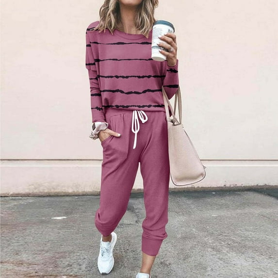Two Piece Outfit for Womens 2025 Spring Tracksuit Long Sleeve Crewneck Striped Color Block Print Tops and Long Pants Casual Jogger Sets