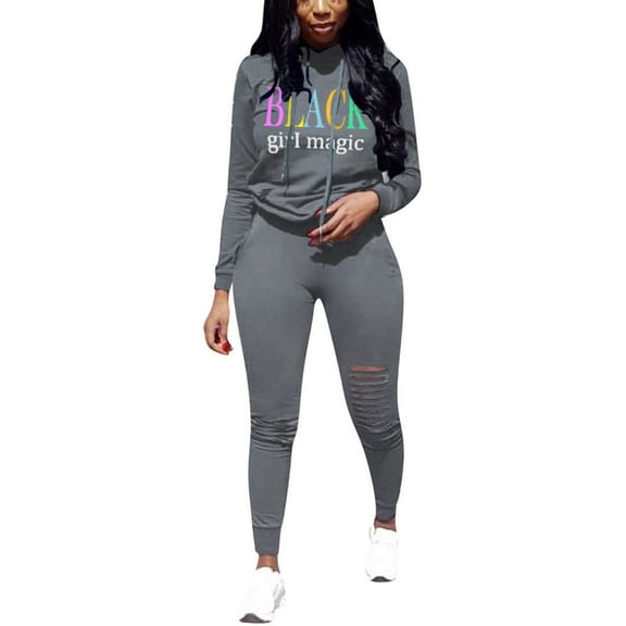 Women's Two Piece Outfits Casual Long Sleeve Pant Sets Ripped Hole Long Sleeve Elastic Waist Pullover Hoodies Long Pants Casual Sweatsuits Tracksuits