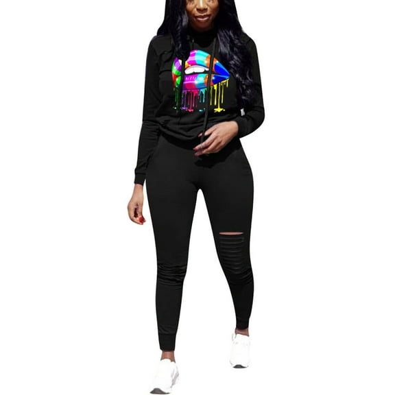 Women's Two Piece Outfits Casual Long Sleeve Pant Sets Ripped Hole Long Sleeve Elastic Waist Pullover Hoodies Long Pants Casual Sweatsuits Tracksuits