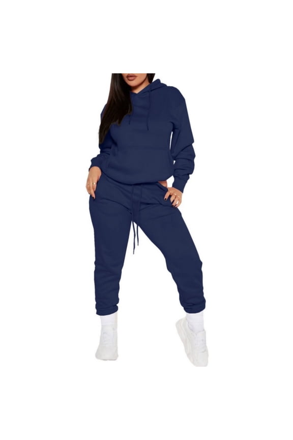 Two Piece Outfits For Women Casual Long Sleeve Hoodie Sweatshirts Jogger Sweatpants Tracksuit Sweatsuit Lounge Sets Navy XL