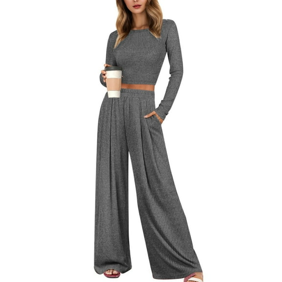 Two Piece Outfits For Women Long Sleeve Crop Top Wide Leg Pants Matching Sets Tracksuits