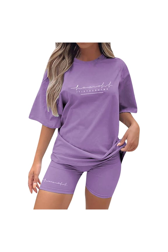 Two Piece Outfits For Women Summer T-Shirt Tops Shorts Workout Sports Tracksuit Women Casual Summer Printing Short Sleeve Top And Shorts Set Purple L