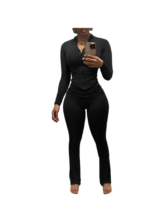 Two Piece Outfits For Women Workout Set Long Sleeve Tracksuit Zip Up Sweatsuits