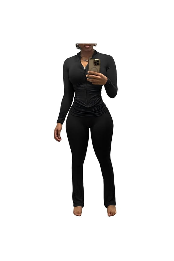Two Piece Outfits For Women Workout Set Long Sleeve Tracksuit Zip Up Sweatsuits