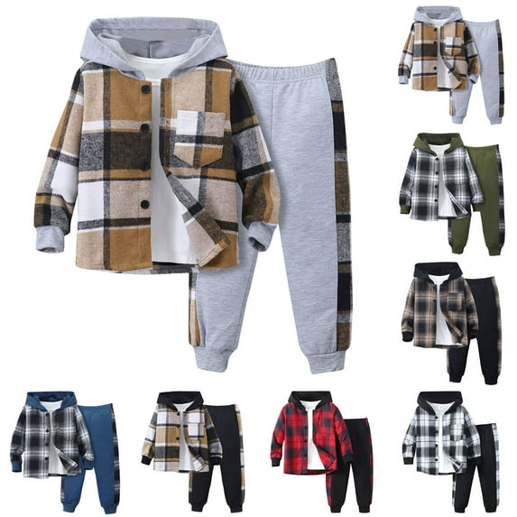 Two Piece Outfits Girls 5T Toddler Girl Flannel Shirt 2T-3T Boys Clothes Toddler Baby Boys Clothes Plaid Panel Long-Sleeve Hooded Shirt + Sweatpants Fall Winter Outfits Set