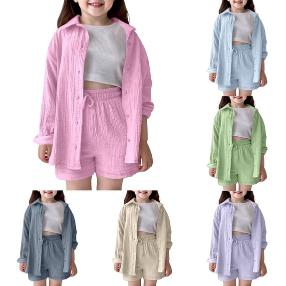 Two Piece Outfits Girls Girls Summer Elegant Two Pieces Suit Full Set Solid Color Casual Loose Short Pants Sets