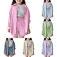 thumbnail image 1 of Two Piece Outfits Girls Two Piece Sets for Girl Gauze Long Sleeve Button Down Shirts and Shorts Set Casual Summer Oversized Tracksuit, 1 of 9