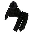 thumbnail image 1 of Two Piece Outfits,Girls Velvet Tracksuit Set Cozy Hooded Jogger Outfit Soft Casual Two Piece Wear With Pants For Daily Outings,Toddler Girl Outfits,Black,11-12 Years, 1 of 2