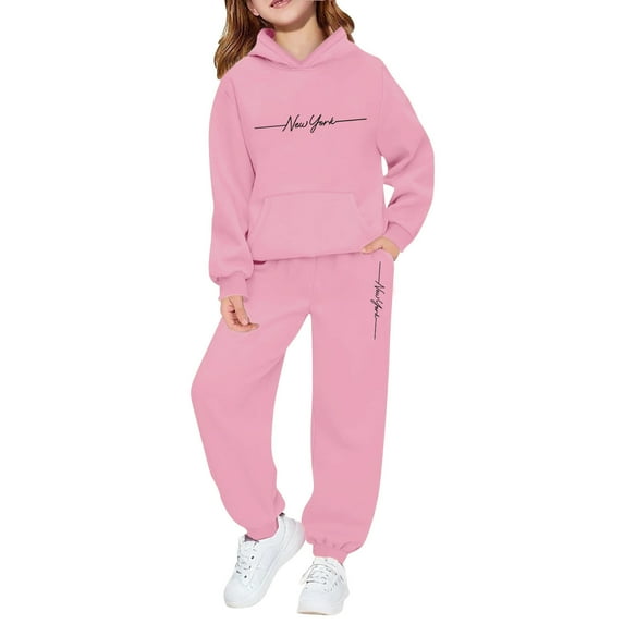 Two Piece Outfits,Girls Winter Warm Tracksuit Pullover Hoodie And Jogger Pants Cute Printed Casual Two Piece Outfit Set,Toddler Girl Outfits,Pink,6-7 Years