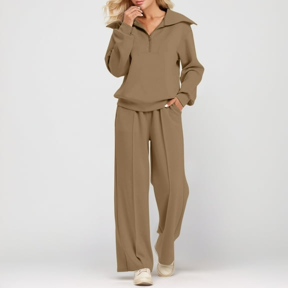 Two Piece Outfits Half Zip Sweatshirt Sweatsuit Sets For Women Matching Set Wide Leg Sweatpant Tracksuit Dressy Pant Suits for A Wedding for Women Womens Jumpsuit for Wedding Guest Outfit for Party
