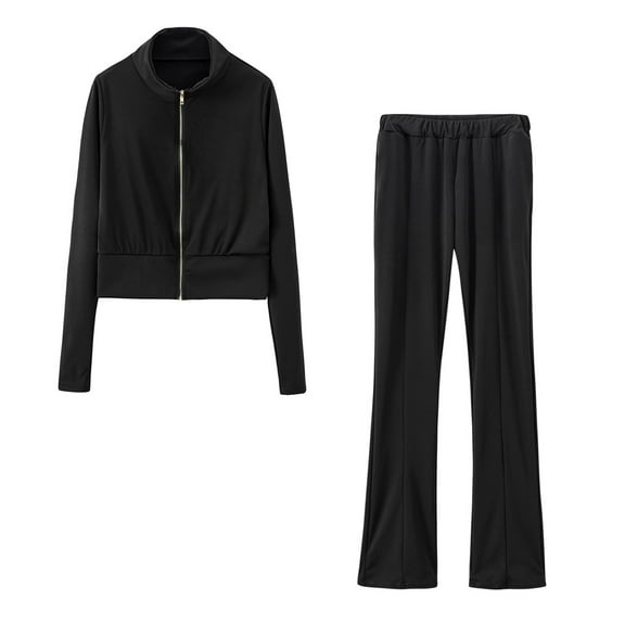 Two Piece Outfits Sets for Women Solid Color Stand Collar Lapel Sports Long Sleeve Sweatshirts And Pants Sets