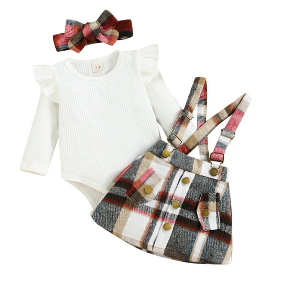Two Piece Outfits,Stylish Girls Ribbed Romper Set with Plaid Print Suspenders and Headband Accessories,Toddler Outfit,18-24 Months