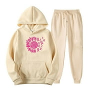 LUXOTI Two Piece Outfits Sweatsuits for Women Pink Ribbon Breast Cancer Fleece Hoodie and Sweatpants Set Fashion Casual Loose Fit Jogging Suits