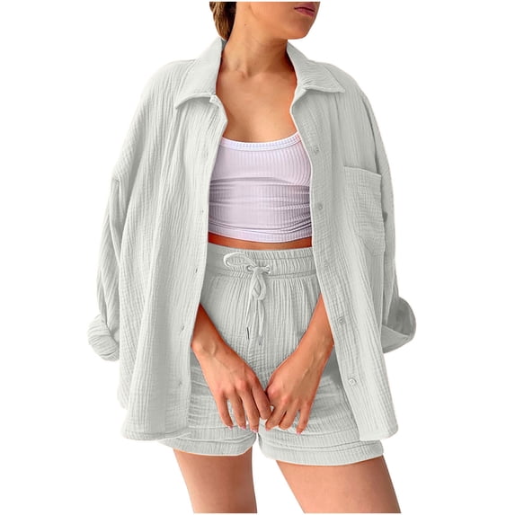 Two Piece Outfits for Women 2023 Pejock Women's Plus Size 2 Piece Pants Set Shirt and Drawstring Shorts Set Summer Casual Tracksuits White XL (US Size:10)