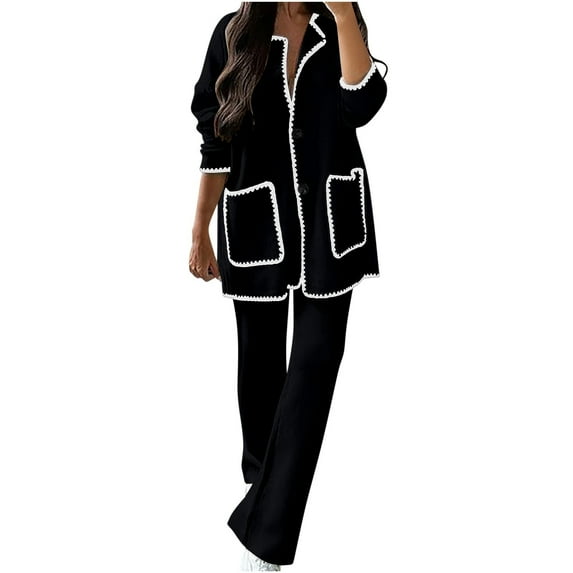 Two Piece Outfits Women Button Down Cardigan Wide Leg Pants Sets Sweater Knit Loungewear Block Color Lounge Suits (Black L)