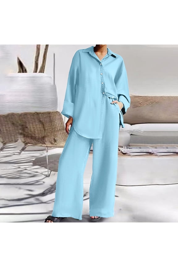 Two Piece Outfits For Women Casual Long Sleeve Button T Shirts Top And Long Pants Business Work Suits Bridal Jumpsuits for Women Light Dress Pants Women Dressy Pant Suits for A Wedding Dress plus Size