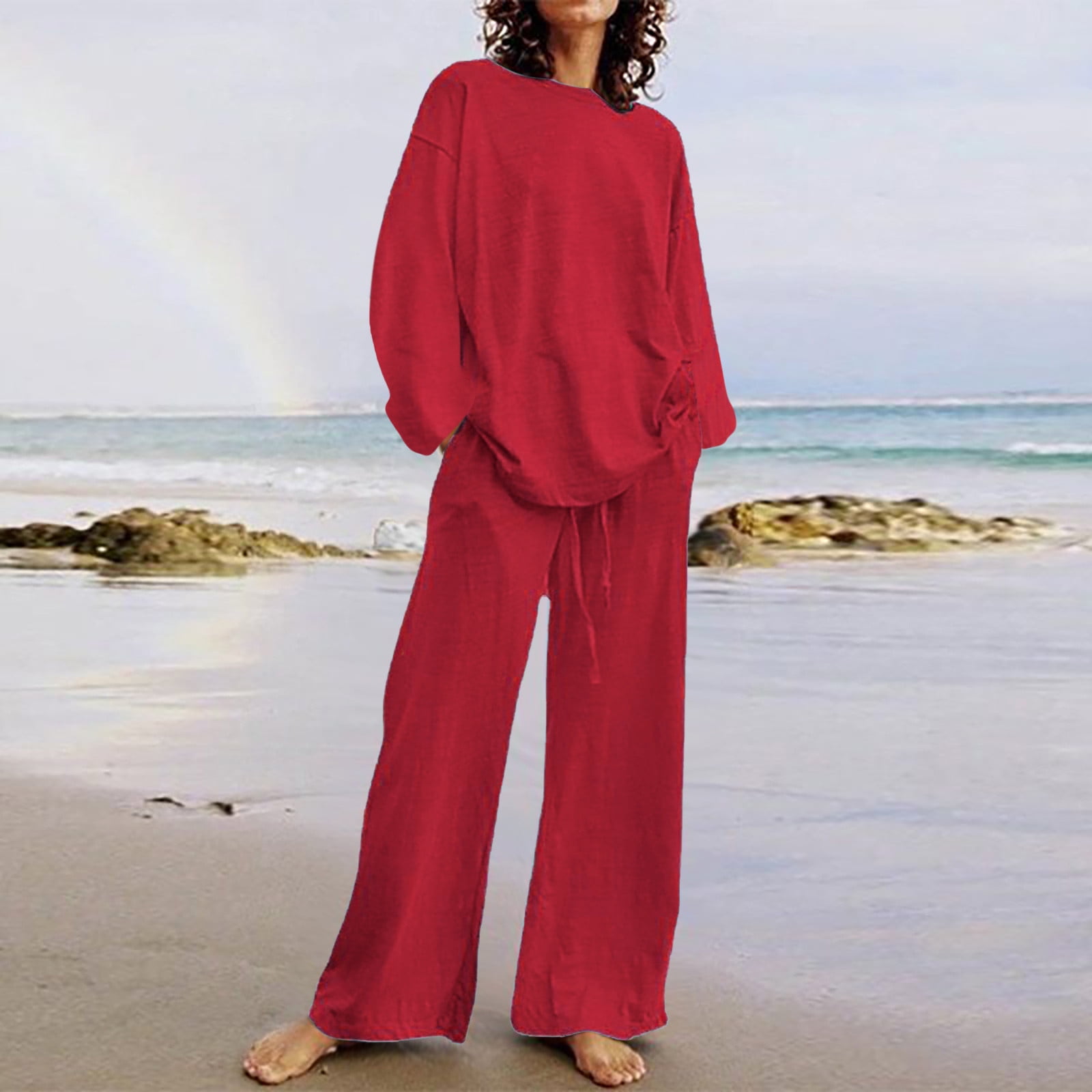 Two Piece Outfits for Women,Cotton Linen Lounge Sets Long Sleeve