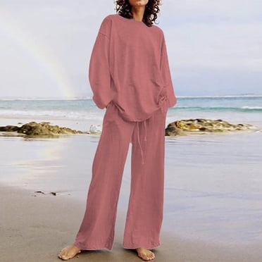 Feancey Womens Summer 2 Piece Outfits Cotton Linen Lounge Sets Button Long Sleeve Tops Wide Leg Pants Matching Two Piece Set Trendy Work Sets Sale Da