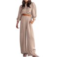 thumbnail image 1 of Two Piece Outfits for Women Fashion Solid Color 2PCS Sets for Women Loose Fit Crop Tops Casual Long Sleeve Shirts for Women Club Trendy Elastic Workout Sweatpants Women(Beige,L), 1 of 9