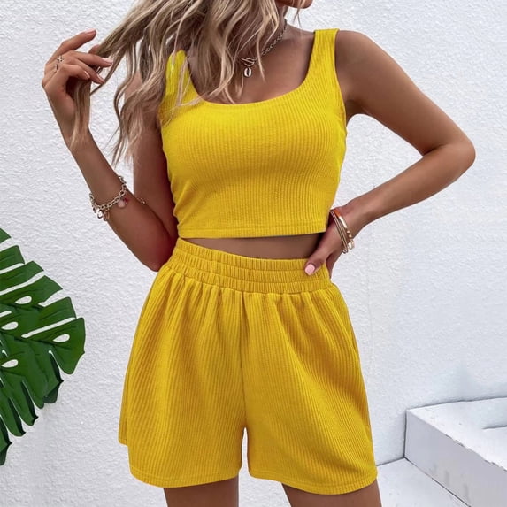 Two Piece Outfits Women Summer Shorts Sets 2 Piece Sleeveless Matching Crop Top And High Waisted Shorts For Women Womens Dress Shorts for Summer Swim Juniors Jams Board Shorts Swim Suits for Women