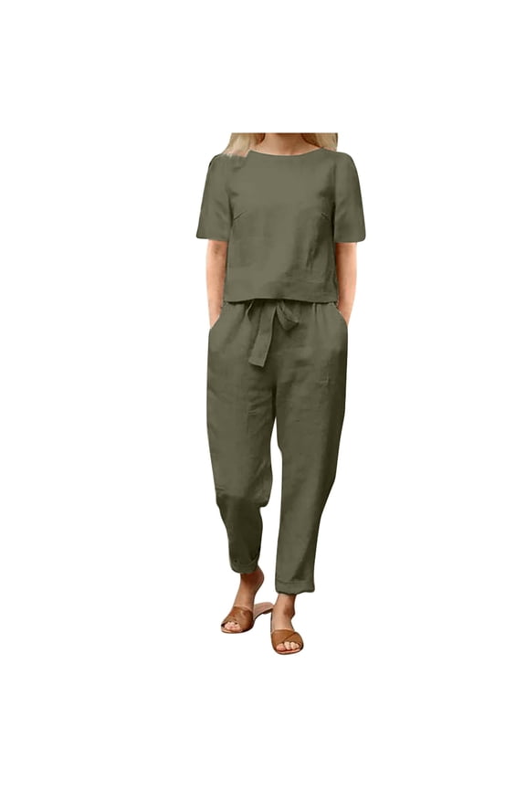 Two Piece Outfits Women Summer Tracksuits Linen Lounge Wear Sets Ladies Co Ords Round Neck Short Sleeve Tops and Trousers 2 Piece Jogger Bottom Outfit Casual Suit Vacation Travel Outfits