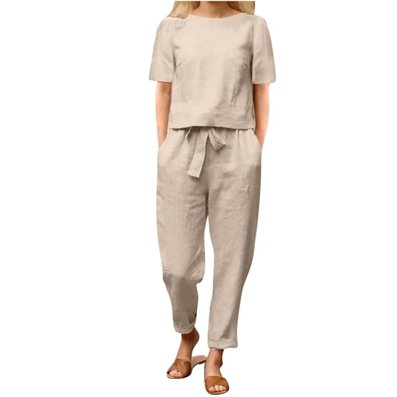 Two Piece Outfits Women Summer Tracksuits Linen Lounge Wear Sets Ladies Co Ords Round Neck Short Sleeve Tops and Trousers 2 Piece Jogger Bottom Outfit Casual Suit Vacation Travel Outfits