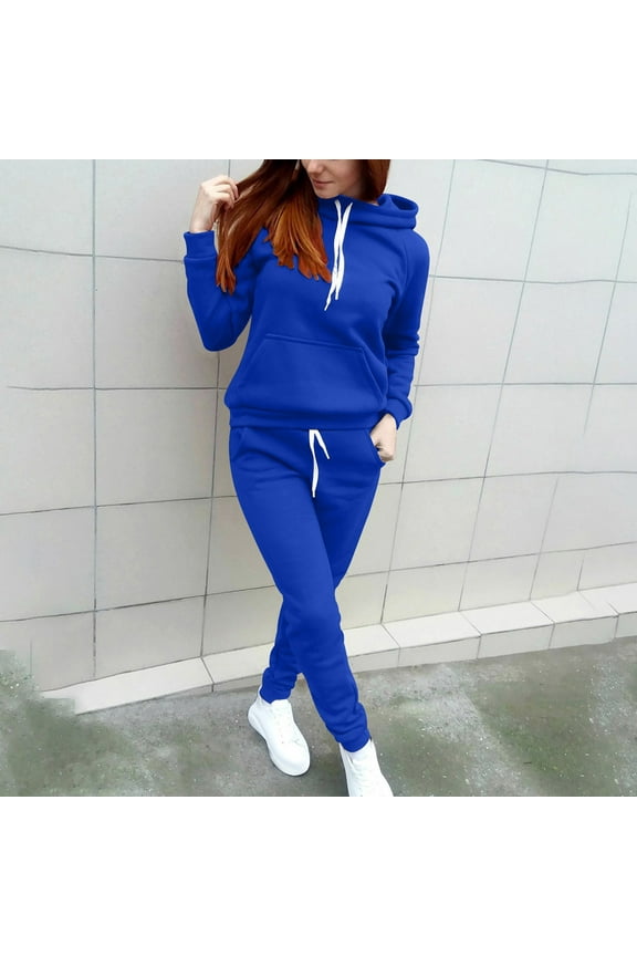 Two Piece Outfits Women,Women Solid Color Hooded Drawstring Sweatshirt Andadjustable Drawstring Pant Tracksuit Sport Suit Dark Blue L