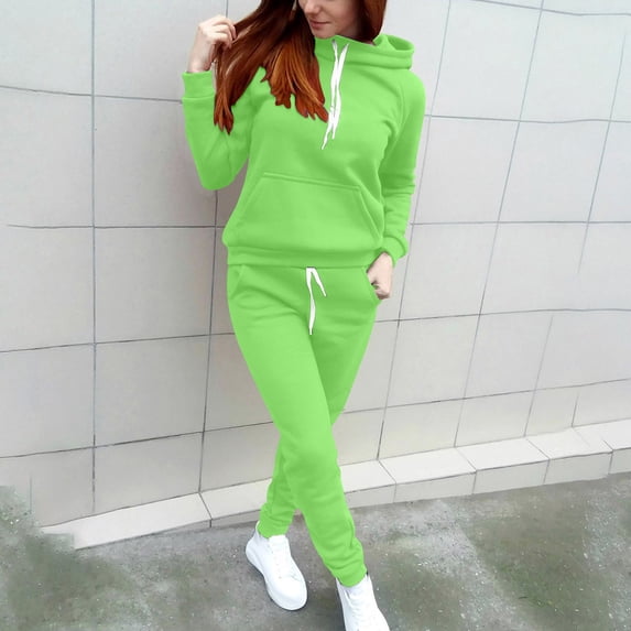 Two Piece Outfits Women,Women Solid Color Hooded Drawstring Sweatshirt Andadjustable Drawstring Pant Tracksuit Sport Suit Mint Green M