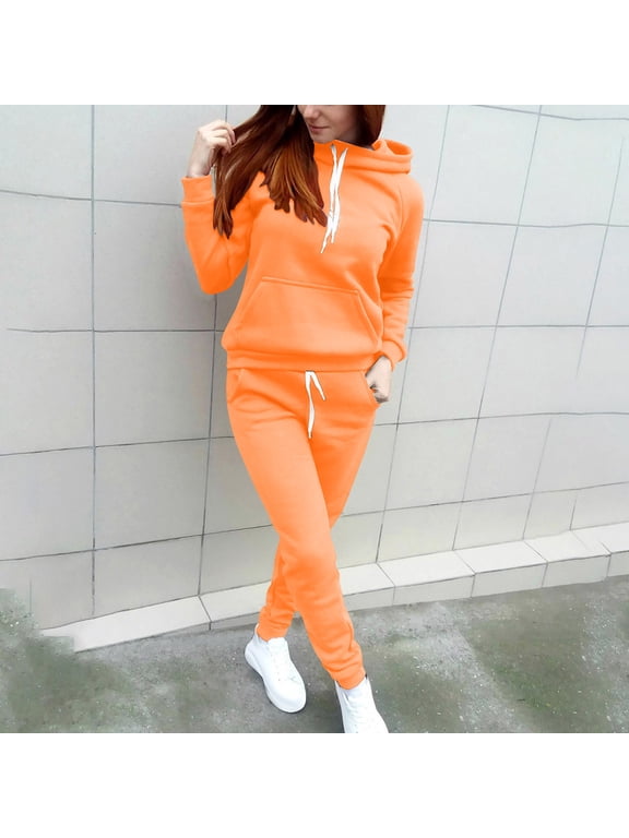 Two Piece Outfits Women,Women Solid Color Hooded Drawstring Sweatshirt Andadjustable Drawstring Pant Tracksuit Sport Suit Orange M