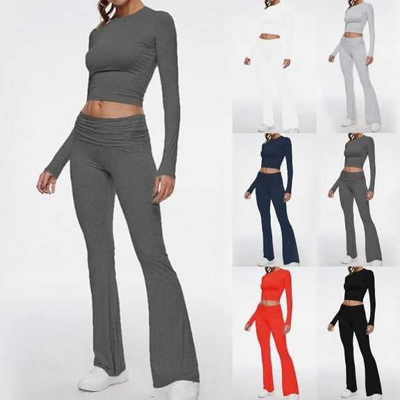 Two Piece Outfits Women Womens 2 Piece Sets Fold Over Flare Pants Long Sleeve Cropped Top Pjs Sets Lounge Sets Women Dark Gray M
