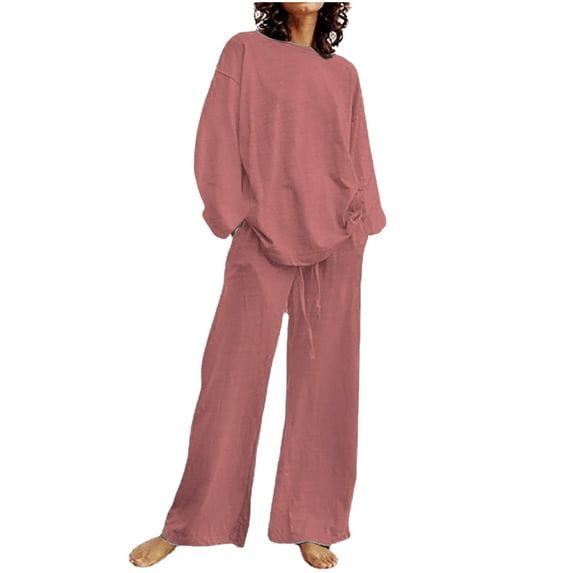 Two Piece Outfits for Women 2023 Cotton Linen Sets for Women Wide Leg Pants Long Sleeve Crewneck Tops Casual Plus Size Sets