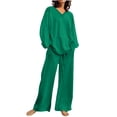 thumbnail image 1 of Two Piece Outfits for Women 2023 Cotton Linen Sets for Women Wide Leg Pants Long Sleeve V neck Tops Casual Plus Size Sets, 1 of 5