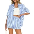 thumbnail image 1 of Two Piece Outfits for Women 2025 Striped Shirt & Shorts Set Light Blue L, 1 of 5