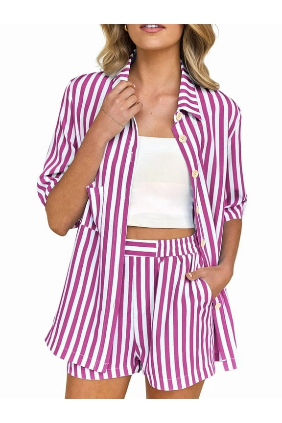 Two Piece Outfits for Women 2025 Striped Shirt & Shorts Set Rose Red S