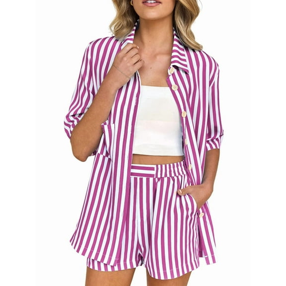 Two Piece Outfits for Women 2025 Striped Shirt & Shorts Set Rose Red S