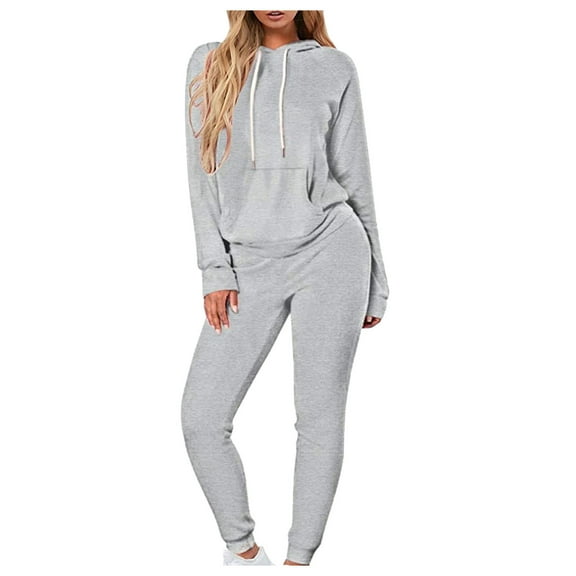 Two Piece Outfits for Women Drawstring Hoodie Sweatshirt Solid Color Casual Pants Long Sleeve Running Suit Pocket Suit