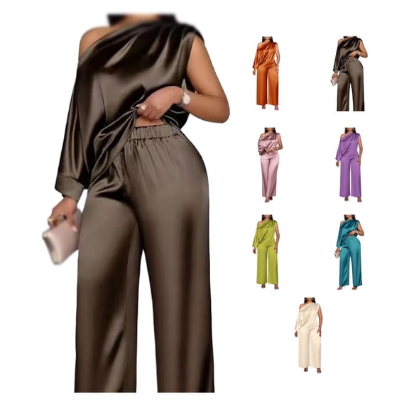 Two Piece Outfits for Women Dressy, One Shoulder Draped Top and Wide Leg Pants Set, Satin Look for Wedding Guest, Vacation