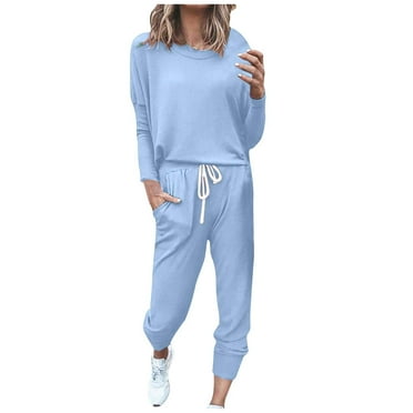 Two Piece Outfits for Women Fall Clearance Loose Solid Long Sleeve Tops Casual Pants Sweatsuit M