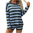 thumbnail image 1 of Two Piece Outfits for Women Fall Clearance Striped Knitted Long Sleeve Round Neck Top Long Pants Set L, 1 of 6