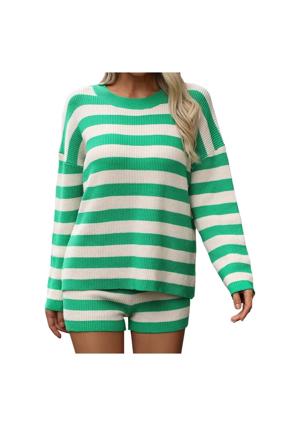 Two Piece Outfits for Women Fall Striped Knitted Long Sleeve Round Neck Top Long Pants Set M