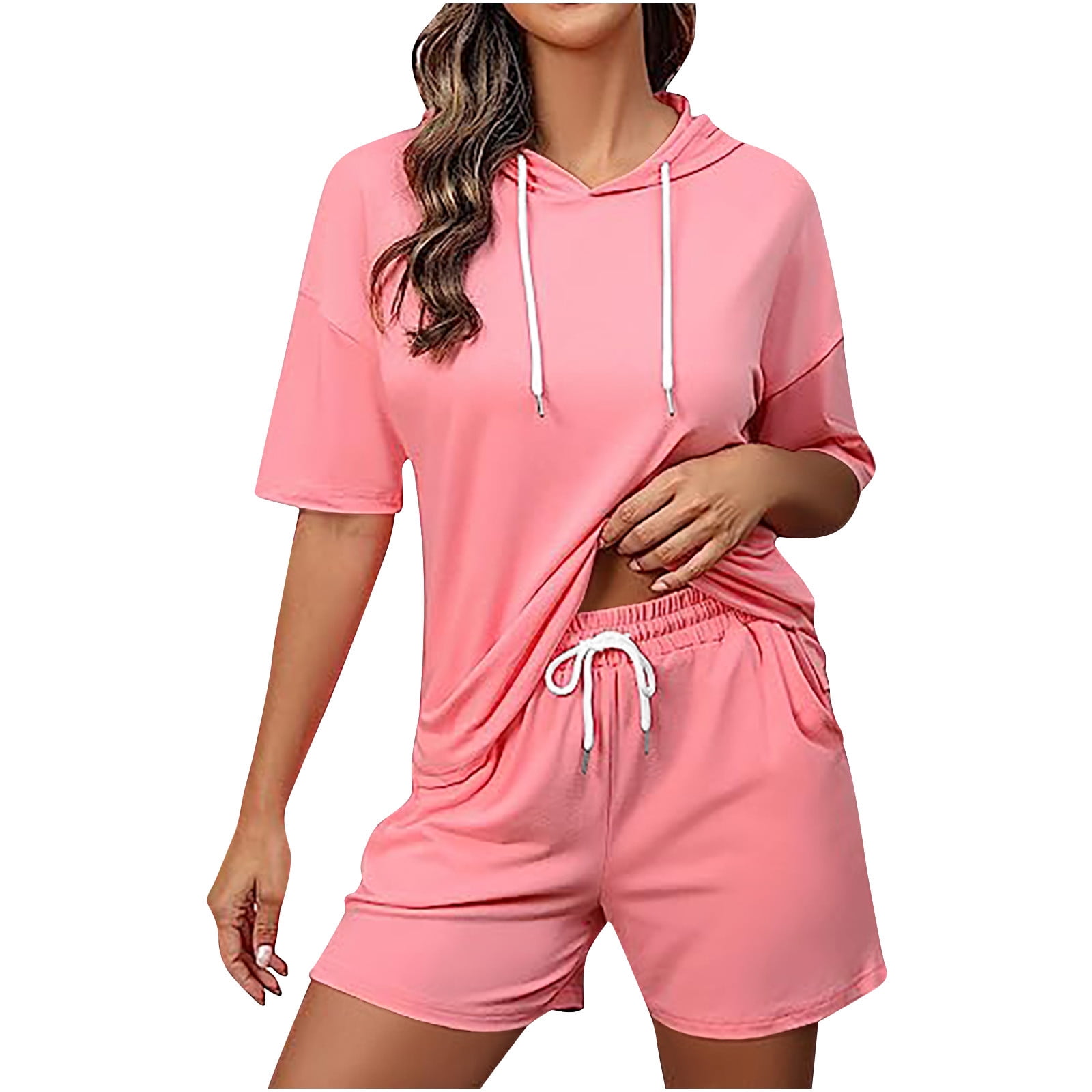 Two Piece Outfits for Women Hoodie Short Lounge Sets Drawstring Short