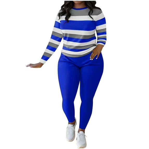 Two Piece Outfits for Women Jogger Lounge Sets Striped Long Sleeve Matching Sweat Suits Tracksuit Pants Set