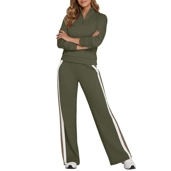 Two Piece Outfits for Women Long Sleeve Color Block Striped Zip Front Collar Sweatsuit Sets Wide Leg Pant Casual Fall Comfy Fashion Tracksuit Sets